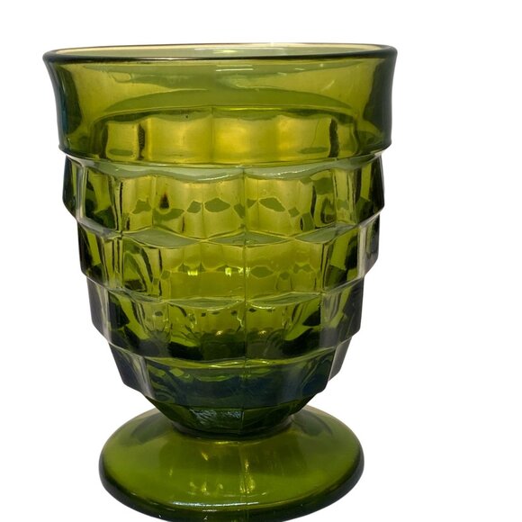 Vintage Indiana Colony Whitehall Cubist Avocado Green Glass Footed Goblet 4 1/4" - Picture 1 of 9